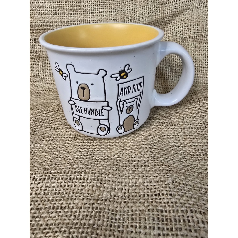 Bee Humble And Kind Bear Coffee Mug White Speckled‎ Yellow Interior Ceramic Cup